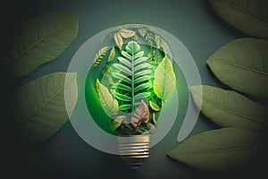 Green eco friendly light bulb from fresh leaves. Energy saving, ecology and environment sustainable resources conservation concept