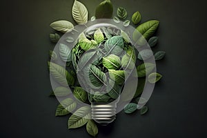 Green eco friendly lightbulb from fresh leaves top view, concept of Renewable Energy and Sustainable Living - ai