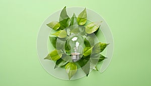 Green eco friendly lightbulb from fresh leaves top view. Energy saving, ecology and environment sustainable resources conservation