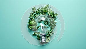 Green eco friendly lightbulb from fresh leaves top view. Energy saving, ecology and environment sustainable resources conservation