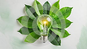 Green eco friendly lightbulb from fresh leaves top view. Energy saving, ecology and environment sustainable resources conservation