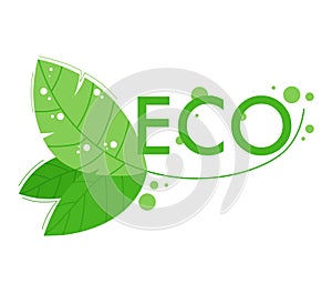 Green eco-friendly logo with leaf and bubbles. Environmental conservation, sustainability emblem. Ecological branding photo