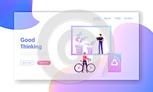 Green Eco Friendly Office Landing Page. Businessman Riding at Work on Bicycle, People Working at Place with Plants