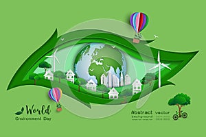 Green eco friendly save the world and environment concept,paper art and craft design with leaf shape