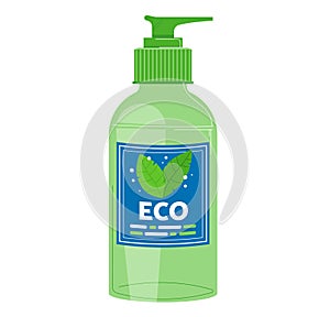 Green eco-friendly soap dispenser with pump. Natural product bottle with leaf label design. Environmentally safe