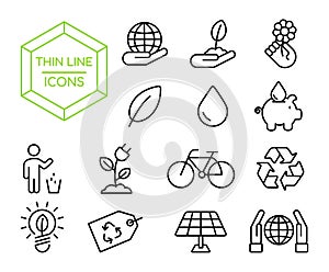 Green eco friendly environment thin line icon set