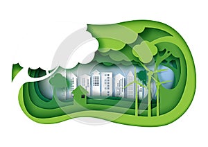 Green eco friendly urban city with 3d paper layer cut abstract n