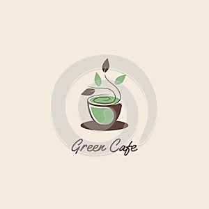 Green and eco friendly vintage cafe logo icon with brach and leaf on the coffee cup