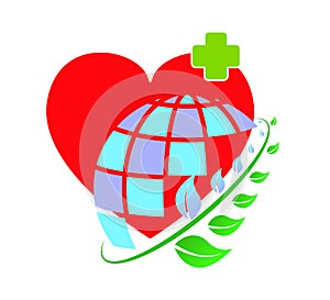 Green eco Globe, Red heart with healthcare sign vector icon.