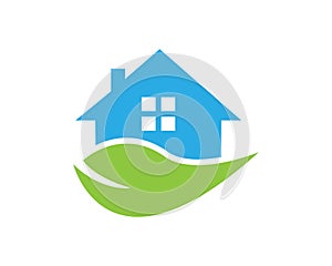 Green eco home with leaf environment logo