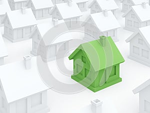 Green eco home among ordinary white houses (3D render) photo