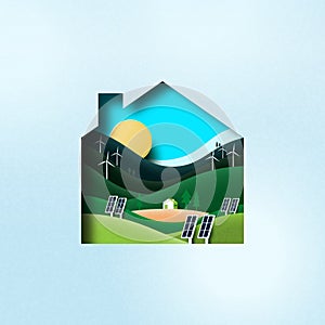 Green eco house paper art style. Sustainability in green energy, alternative energy and ecology conservation concept. Vector
