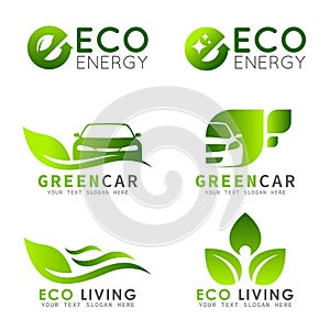 Green ECO logo with e letter , leaf and car vector set design