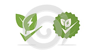 Green eco natural energy label sticker icon vector graphic set, sustainable renewable electric thunderbolt leaves plant logo