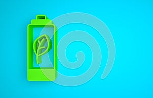 Green Eco nature leaf and battery icon isolated on blue background. Energy based on ecology saving concept. Minimalism