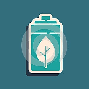 Green Eco nature leaf and battery icon isolated on green background. Energy based on ecology saving concept. Long shadow