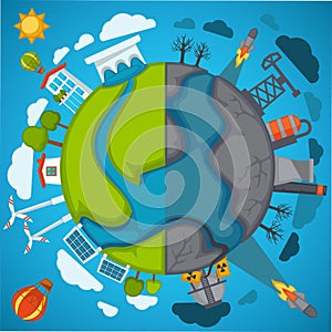 Green eco planet and environment pollution vector poster for save nature protection concept