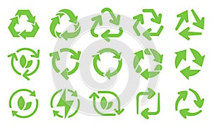 Green eco recycle arrows icons. Reload arrows, recyclable trash and ecological bio recycling icon vector set photo