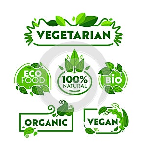 Green Eco Vegetarian Organic Food Icon Banner Set. Vegan Bio Nature Shop Badge Collection for Ecology Healthcare