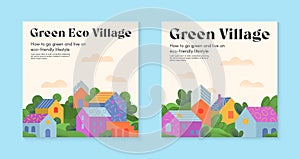 Green eco village brochure concepts with houses,hills and trees