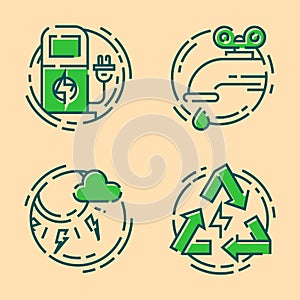 Green ecology energy conservation icons and outline style ecological world power vector illustration.