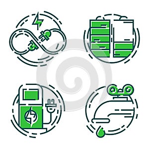 Green ecology energy conservation icons and outline style ecological world power vector illustration.