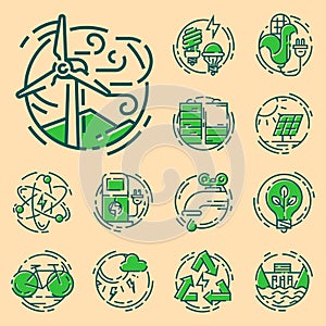 Green ecology energy conservation icons and outline style ecological world power vector illustration.