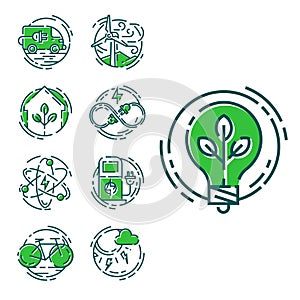 Green ecology energy conservation icons and outline style ecological world power vector illustration.