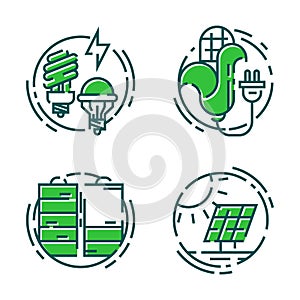 Green ecology energy conservation icons and outline style ecological world power vector illustration.