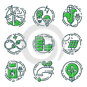 Green ecology energy conservation icons and outline style ecological world power vector illustration.