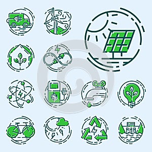 Green ecology energy conservation icons and outline style ecological world power vector illustration.