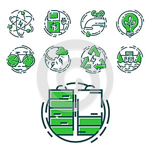 Green ecology energy conservation icons and outline style ecological world power vector illustration.