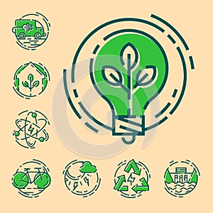 Green ecology energy conservation icons and outline style ecological world power vector illustration.