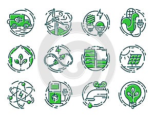 Green ecology energy conservation icons and outline style ecological world power vector illustration.