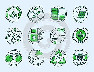 Green ecology energy conservation icons and outline style ecological world power vector illustration.