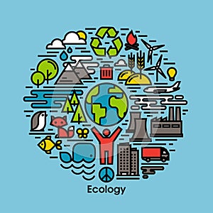 Green, ecology and environment flat line icons set