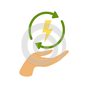 Green ecology renew energy on hand. Rotation arrow symbol. Solar energy icon