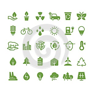 Green ecology vector icons. Clean environment, recycling process and renewable energy pictograms