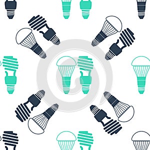 Green Economical LED illuminated lightbulb and fluorescent light bulb icon isolated seamless pattern on white background