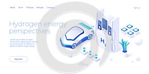 Green economy and renewable energy concept in isometric vector illustration. Hydrogen car and h2 fuel vehicle. Sustainable power