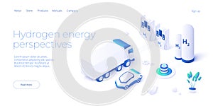 Green economy and renewable energy concept in isometric vector illustration. Hydrogen electric car and h2 fuel vehicle.