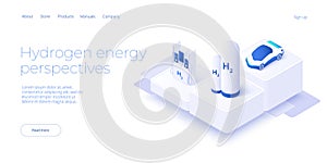 Green economy and renewable energy concept in isometric vector illustration. Hydrogen electric car and h2 fuel vehicle.