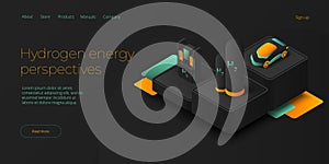 Green economy and renewable energy concept in isometric vector illustration. Hydrogen electric car and h2 fuel vehicle.