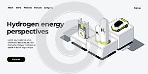 Green economy and renewable energy concept in isometric vector illustration. Hydrogen electric car and h2 fuel vehicle.