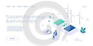 Green economy and renewable power concept in isometric vector illustration. Wind turbines as source of electricity economy.
