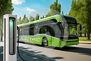 Green electric bus with charging station on a city street. Eco-friendly vision of urban transport for a sustainable and