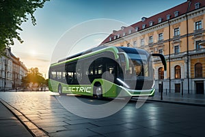 Green electric bus on a city street. Eco-friendly vision of urban transport for a sustainable and clean future.