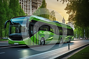 Green electric bus on a city street. Eco-friendly vision of urban transport for a sustainable and clean future.