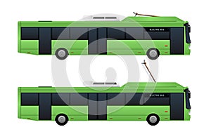 Green electric bus with pantograph.