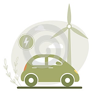 Green electric car. Ecological charging using eco energy from windmills. Green environmental concept